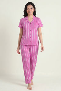 Zivame Thin Stripes Knit Cotton Pyjama Set - Spring Crocus — thumbnail 1